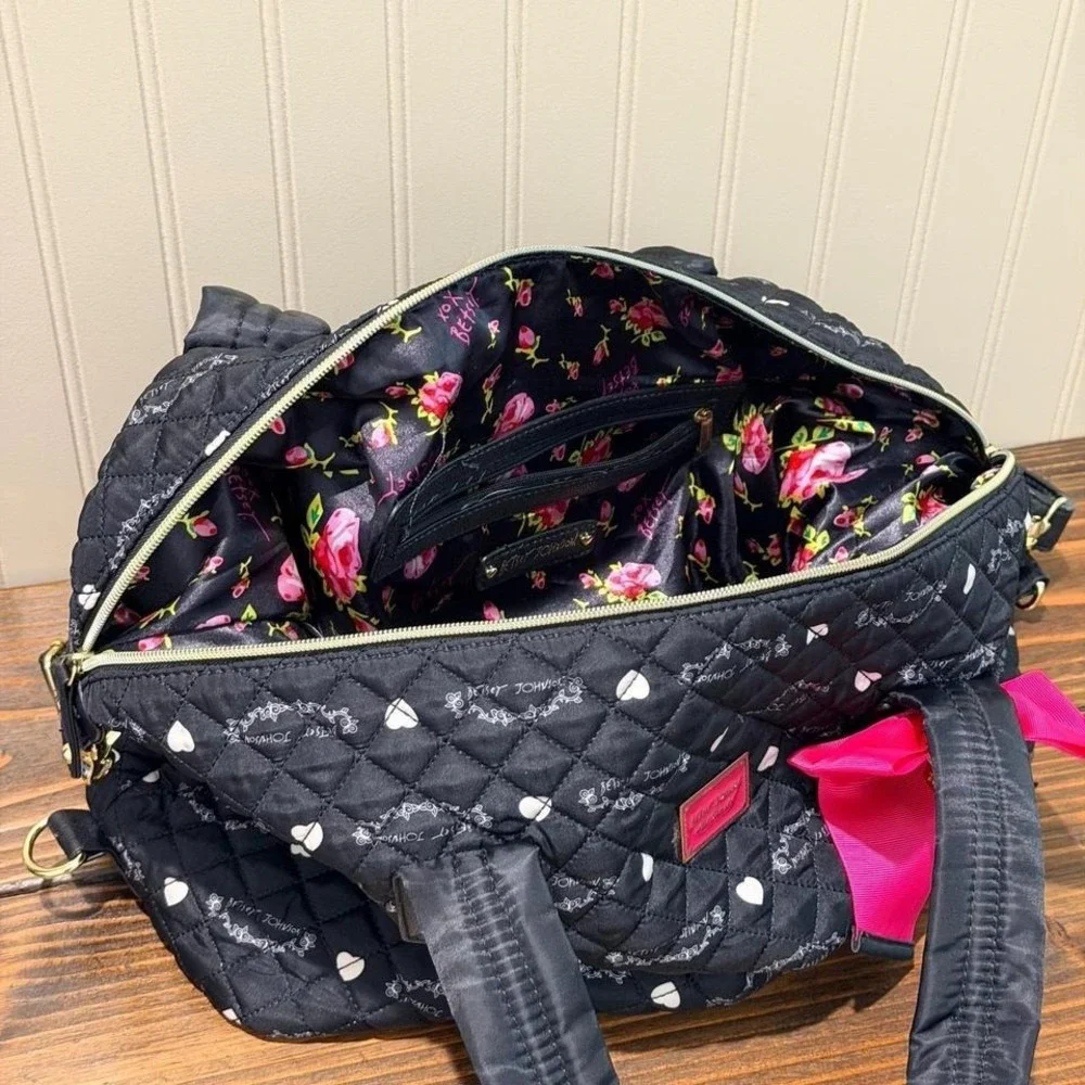 Betsey Johnson Quilted Black‎ Heart Bow Satchel Tote Floral Lined Travel Bag